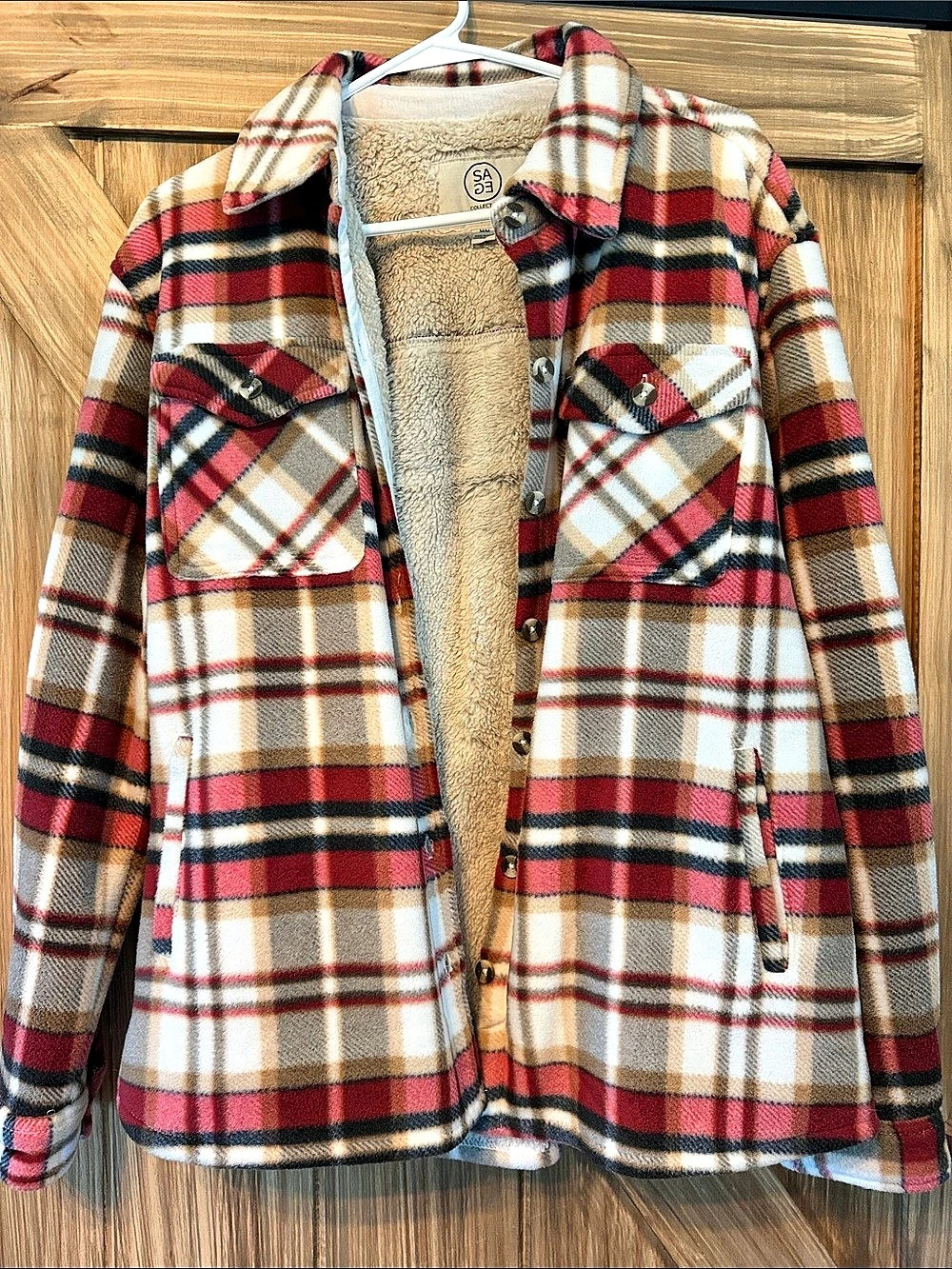 A.S.A.P. Collective Sherpa Lined Plaid Jacket Plaid Sherpa Jacket in Red & Cream